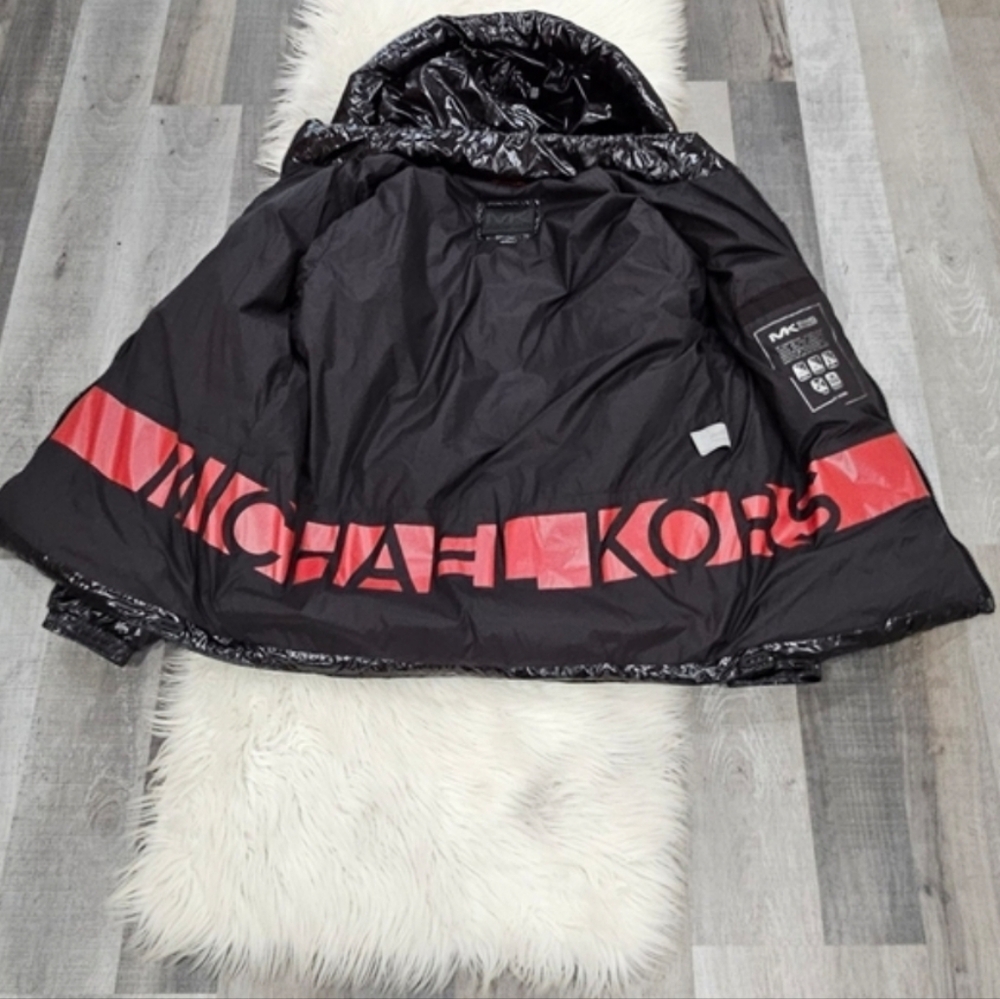 Michael Kors Travel Engineered Glossy Black Hooded Puffer Jacket